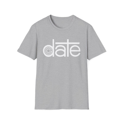 Grey t-shirt with white text "date" featuring a circular pattern within the "a".