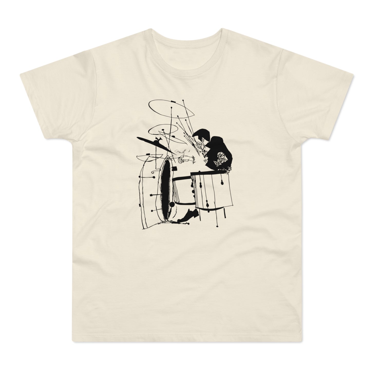 Black line drawing of a drummer playing a drum kit on a cream-colored t-shirt.