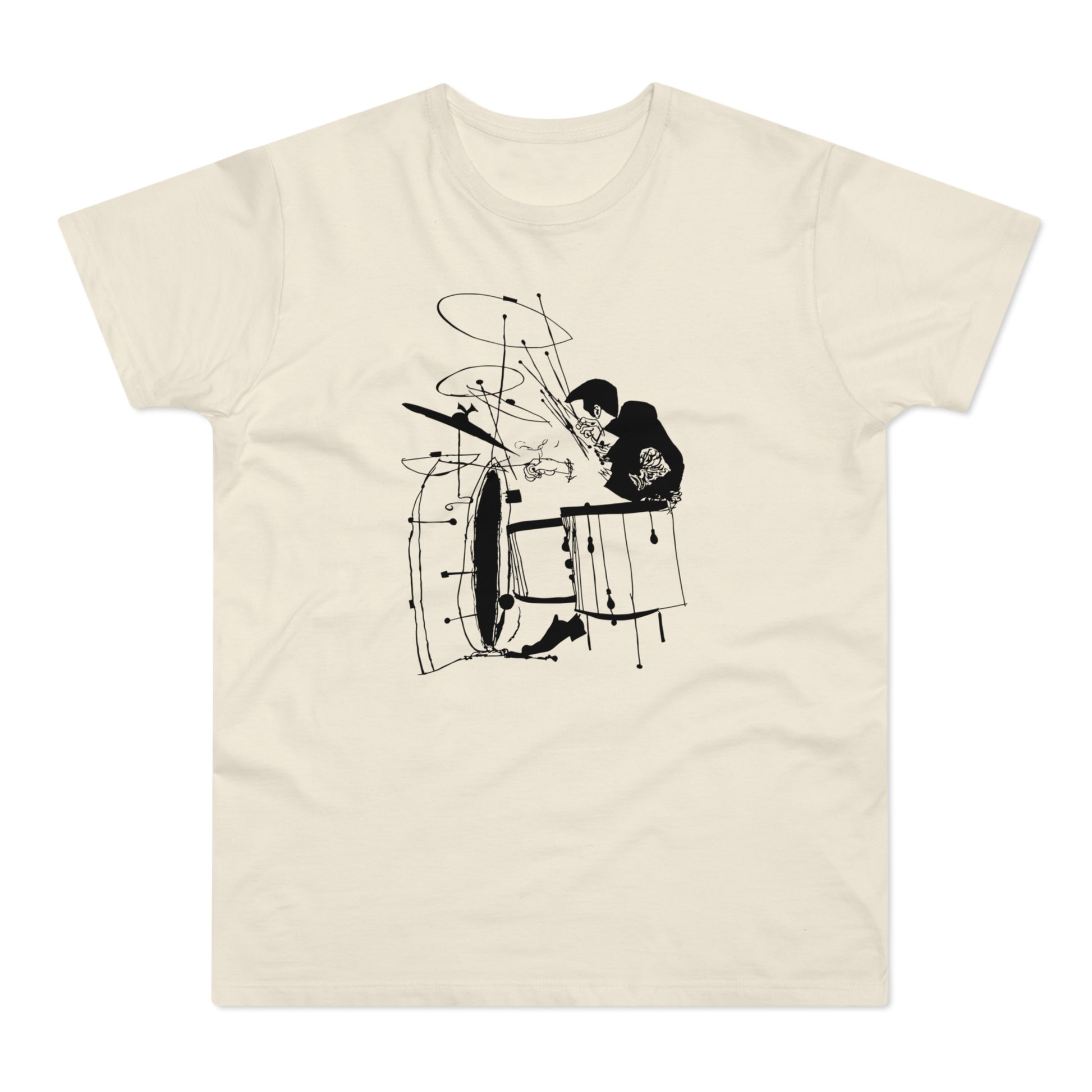 Black line drawing of a drummer playing a drum kit on a cream-colored t-shirt.