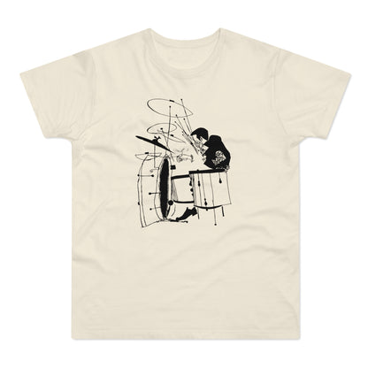 Black line drawing of a drummer playing a drum kit on a cream-colored t-shirt.
