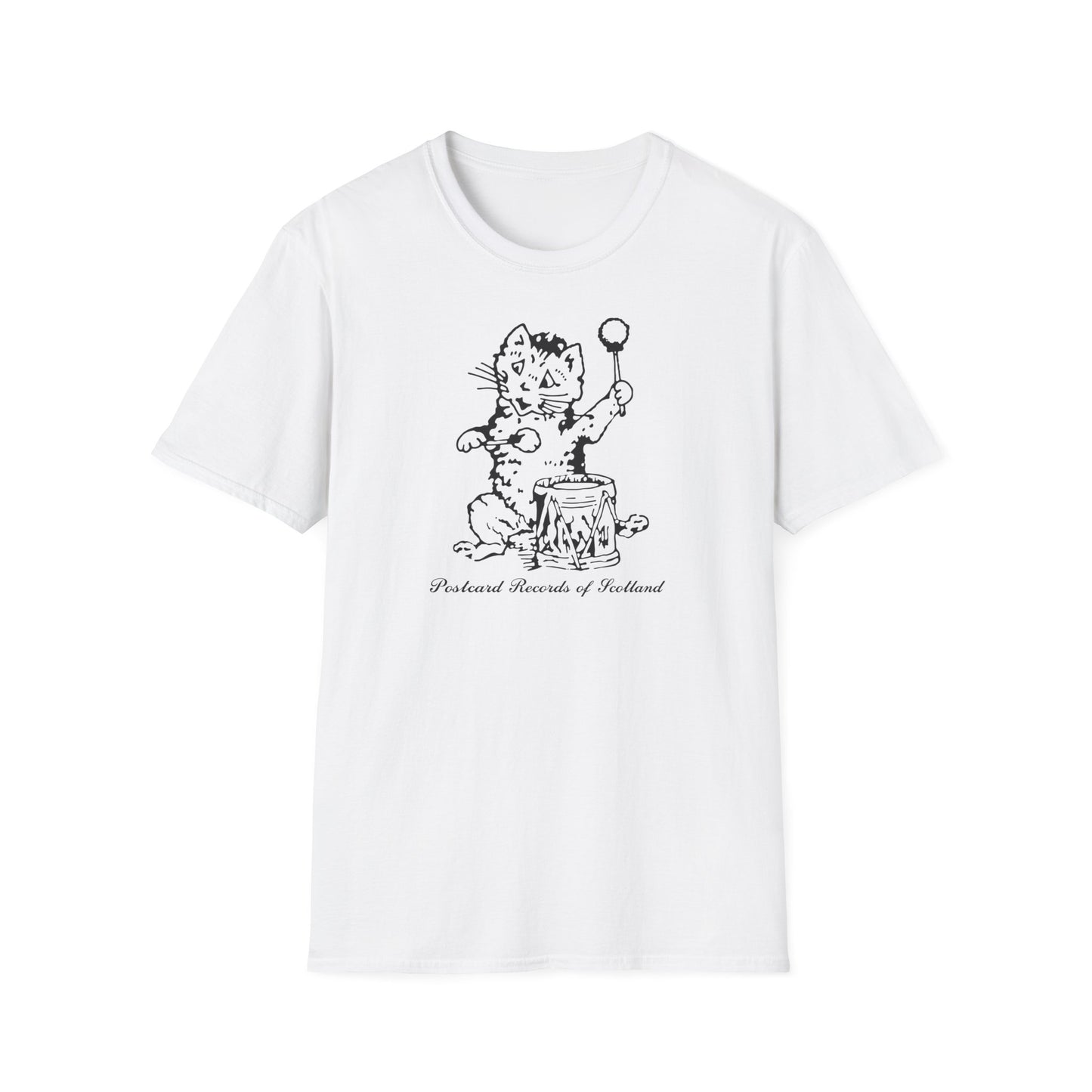 White t-shirt with black drawing of cat playing drum and text "Postcard Records of Scotland."