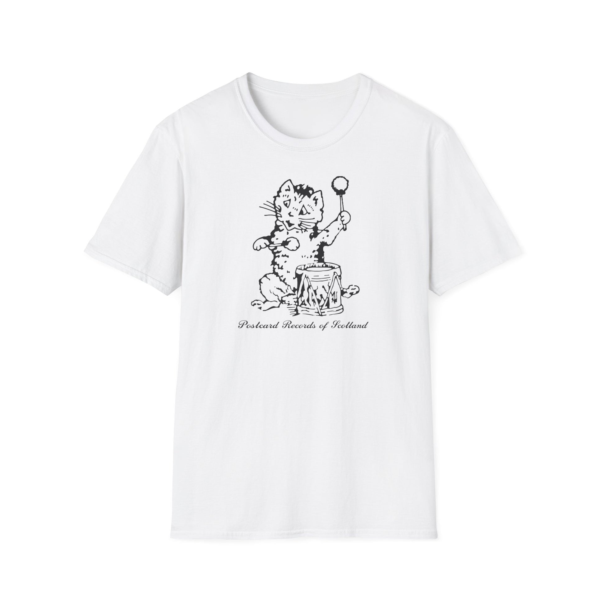 White t-shirt with black drawing of cat playing drum and text "Postcard Records of Scotland."