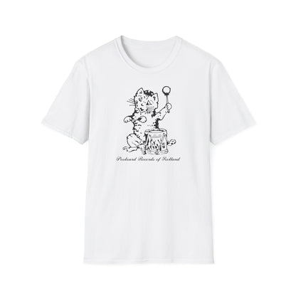 White t-shirt with black drawing of cat playing drum and text "Postcard Records of Scotland."
