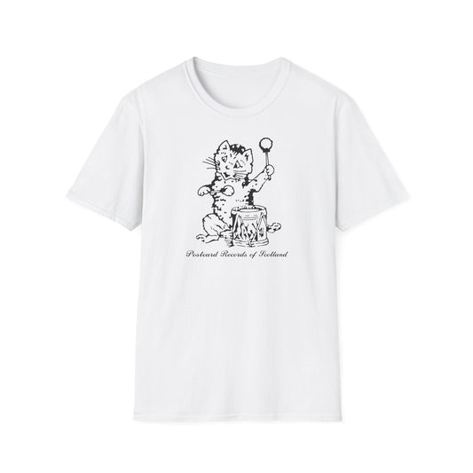 White t-shirt with black drawing of cat playing drum and text "Postcard Records of Scotland."