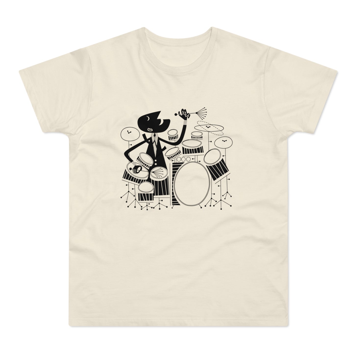 Black cartoon cat playing drums on a cream t-shirt.