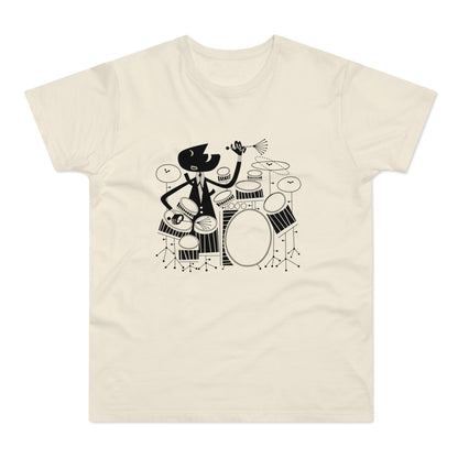 Black cartoon cat playing drums on a cream t-shirt.