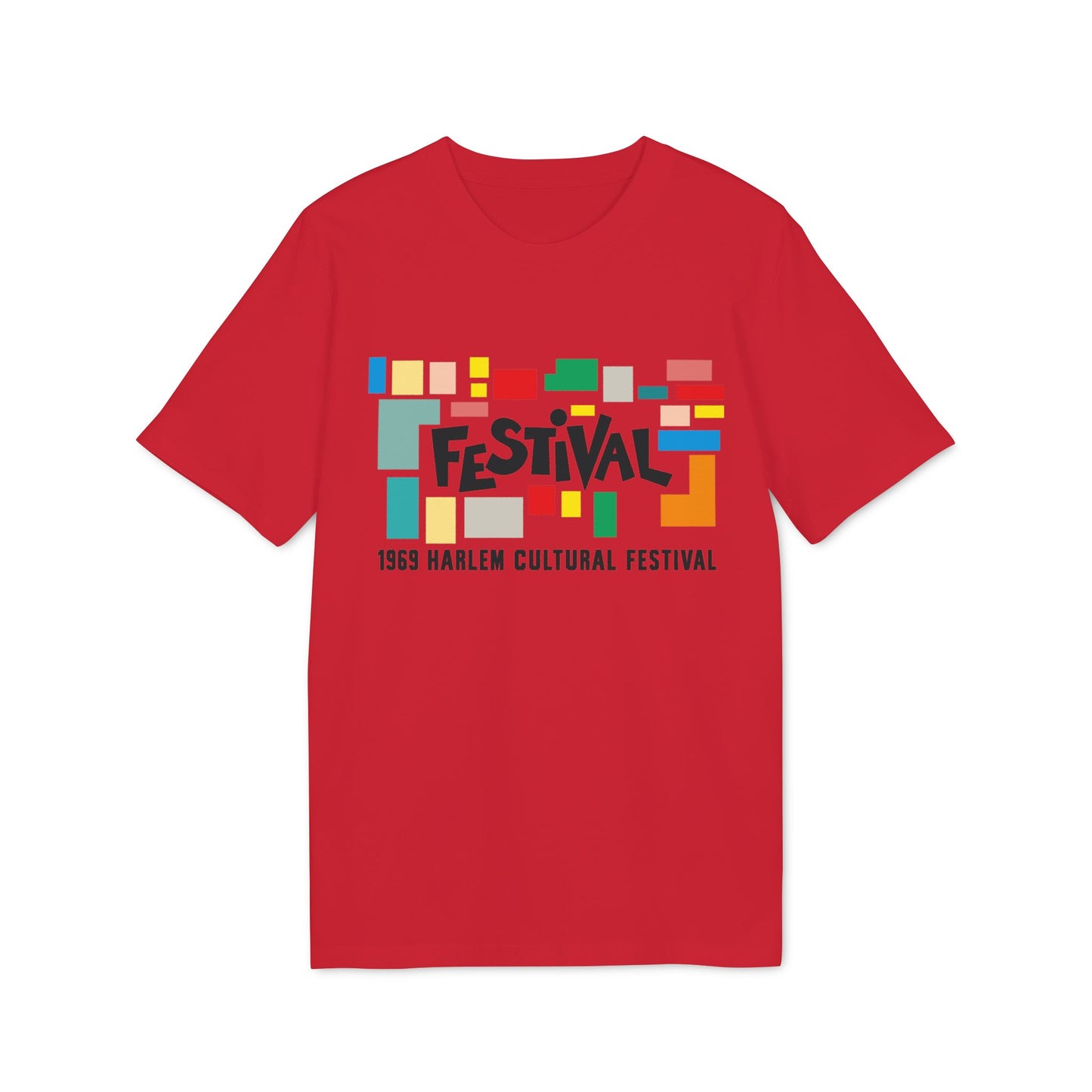 Red t-shirt with colorful abstract blocks and "FESTIVAL 1969 HARLEM CULTURAL FESTIVAL" text.