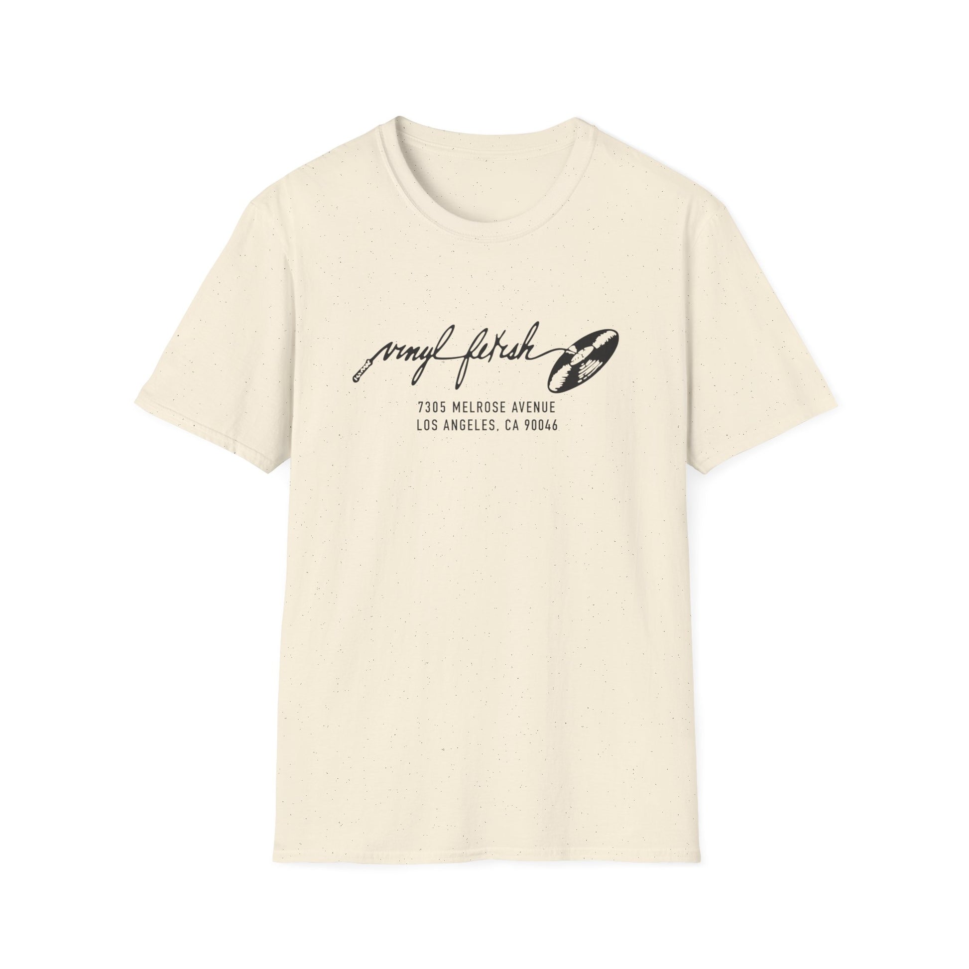 Cream t-shirt with "vinyl fetish" text and record graphic.
