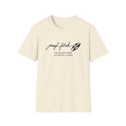 Cream t-shirt with "vinyl fetish" text and record graphic.