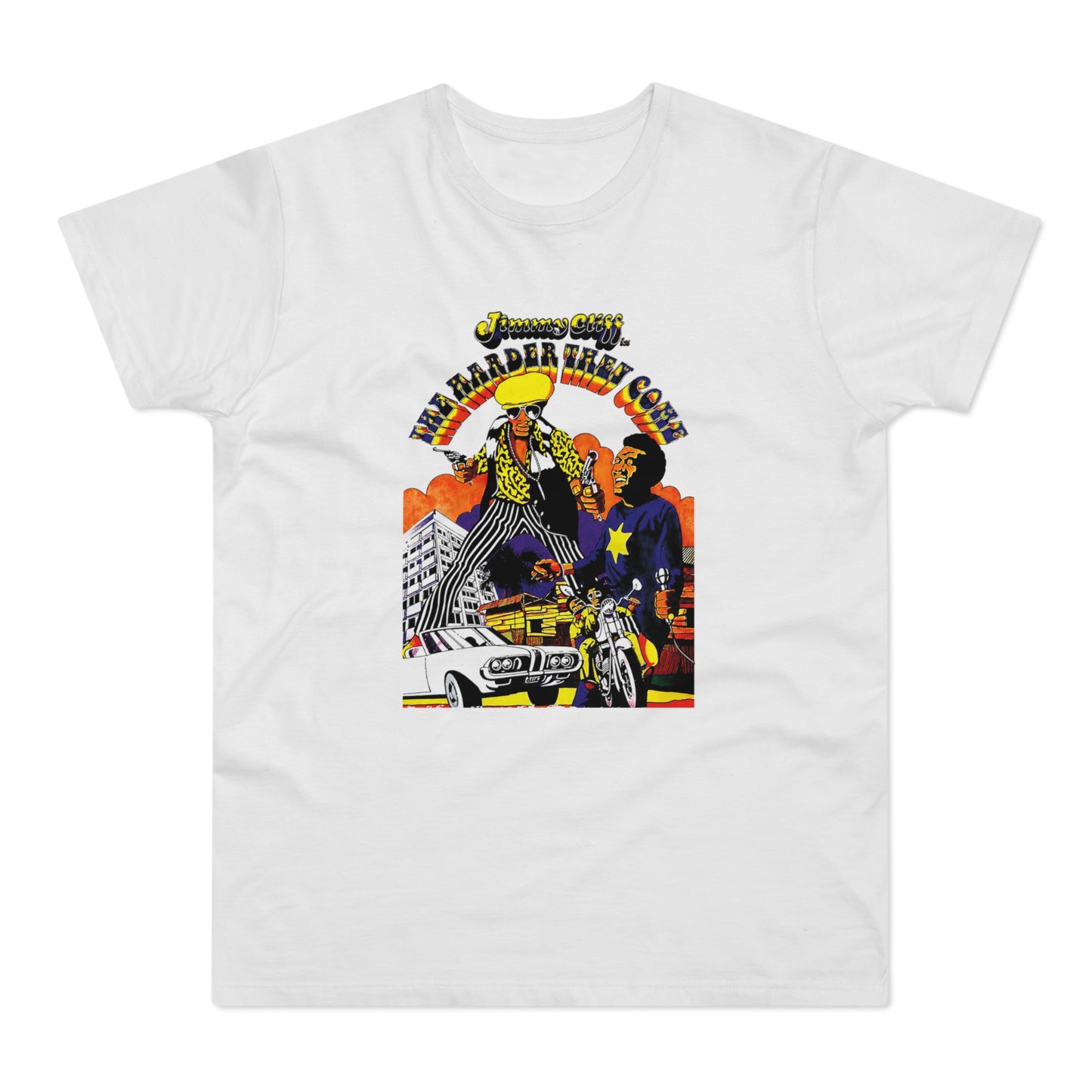 Jimmy Cliff "The Harder They Come" graphic with figures, car, motorcycle, buildings, and bold text.