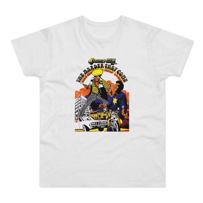 Jimmy Cliff "The Harder They Come" graphic with figures, car, motorcycle, buildings, and bold text.