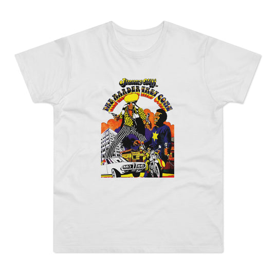 Jimmy Cliff "The Harder They Come" graphic with figures, car, motorcycle, buildings, and bold text.