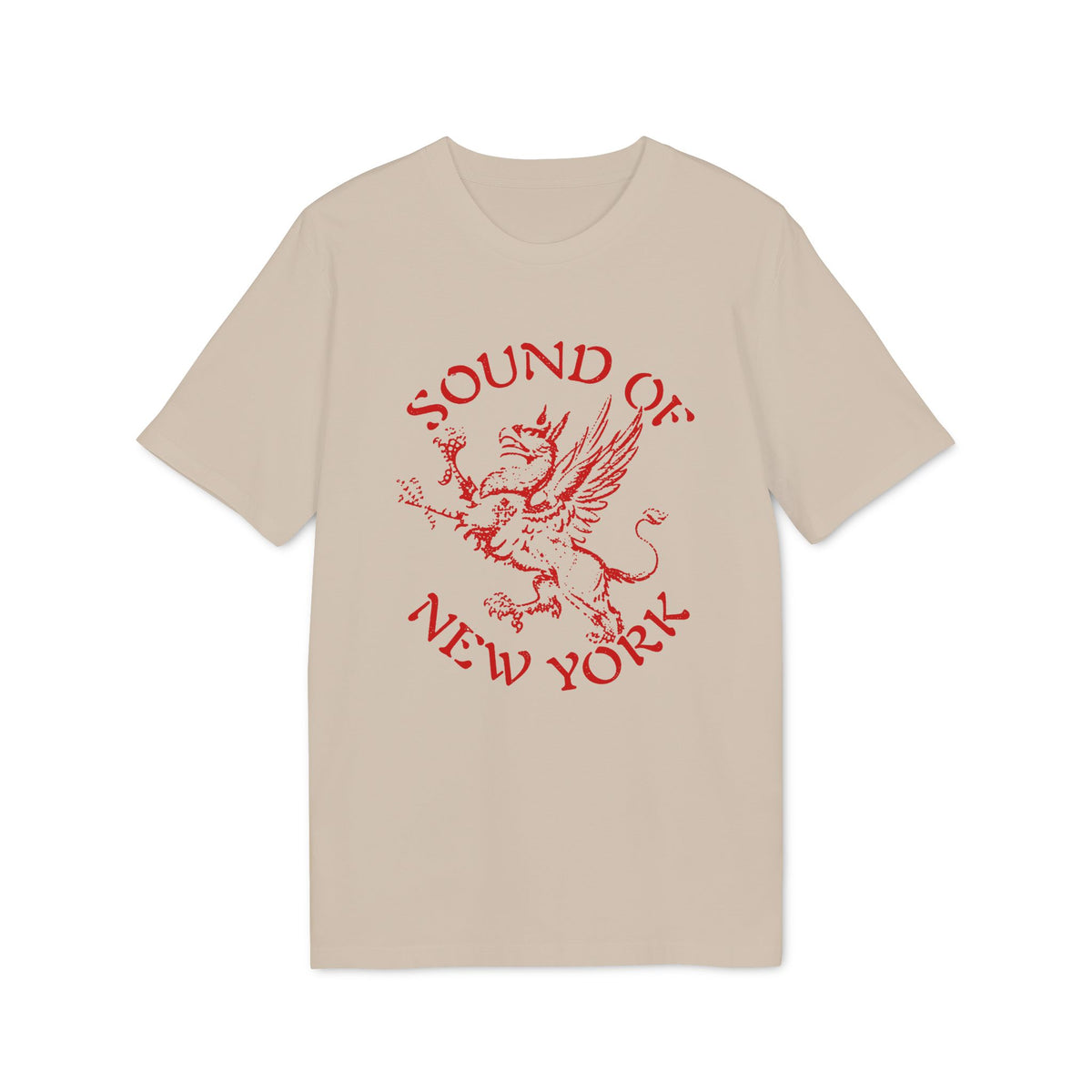 A beige short-sleeve t-shirt with a red griffin graphic and the text Sound of New York.
