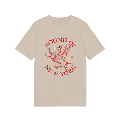 A beige short-sleeve t-shirt with a red griffin graphic and the text Sound of New York.