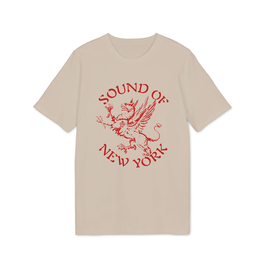 A beige short-sleeve t-shirt with a red griffin graphic and the text Sound of New York.