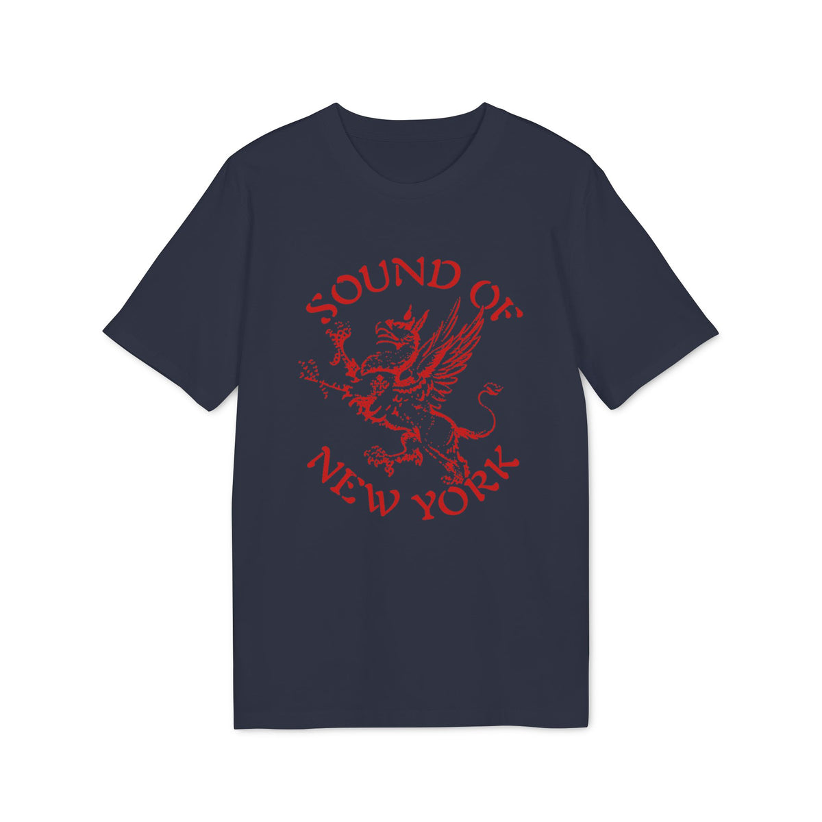 A dark blue t-shirt with a red graphic of a griffin and the text Sound of New York.