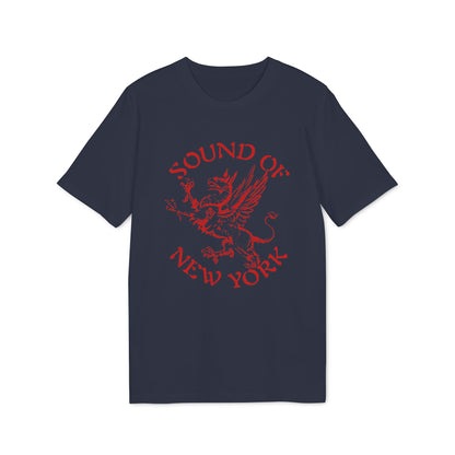 A dark blue t-shirt with a red graphic of a griffin and the text Sound of New York.