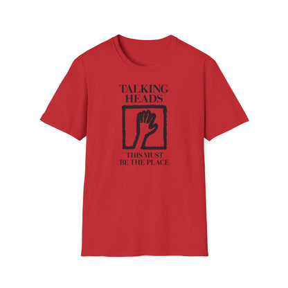 Red t-shirt with Talking Heads logo and "This Must Be The Place".