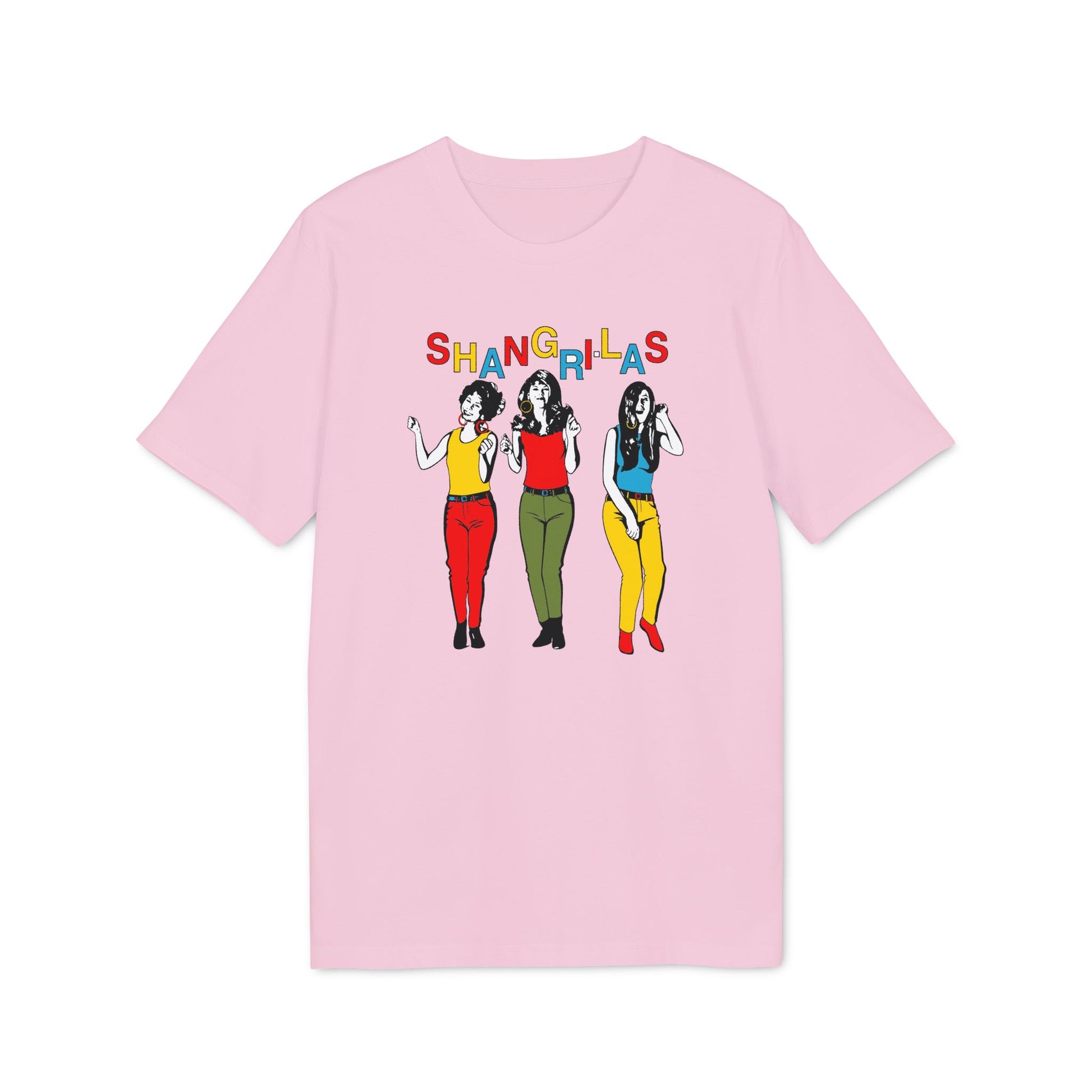 Pink t-shirt with "SHANGRI-LAS" and three colorful pop art women illustration.