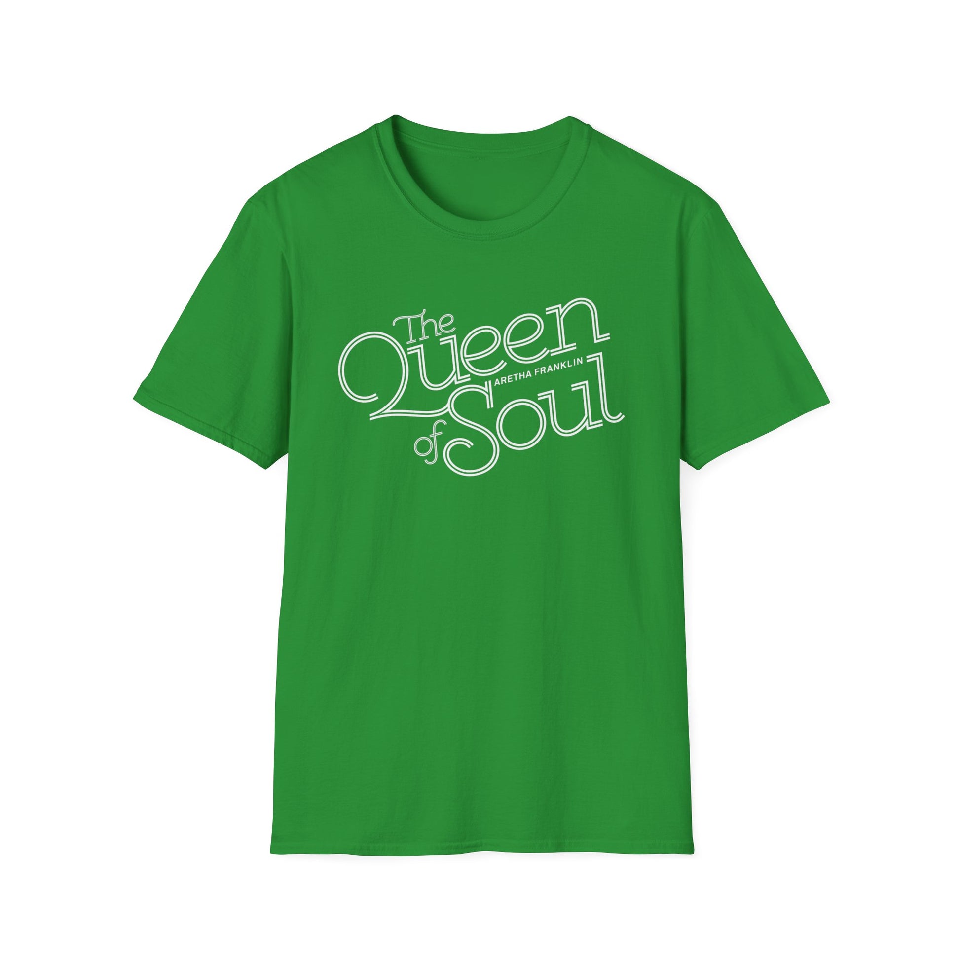 Green t-shirt with white "The Queen of Soul Aretha Franklin" text.