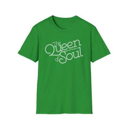 Green t-shirt with white "The Queen of Soul Aretha Franklin" text.