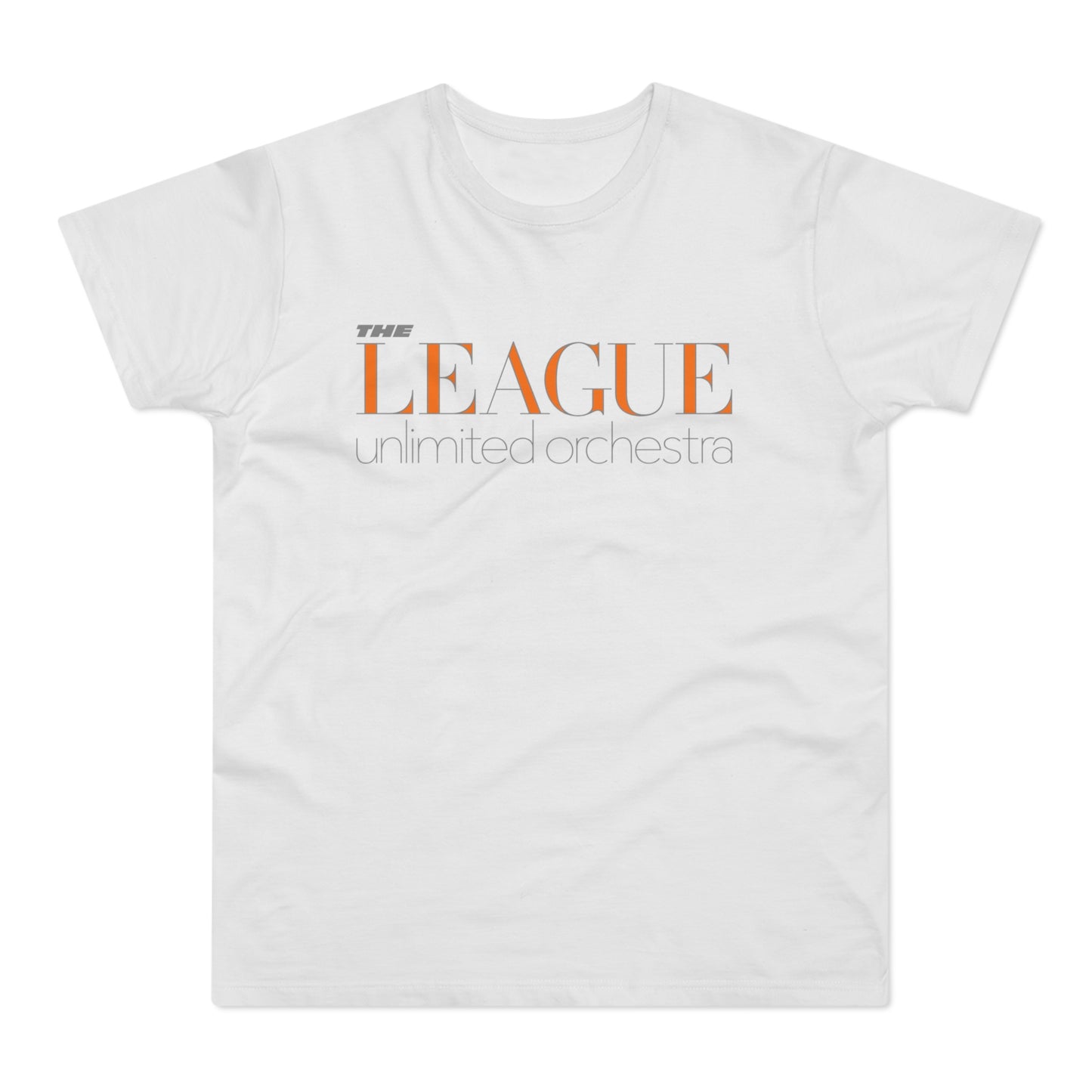 White t-shirt with orange "LEAGUE" and gray "unlimited orchestra" text.