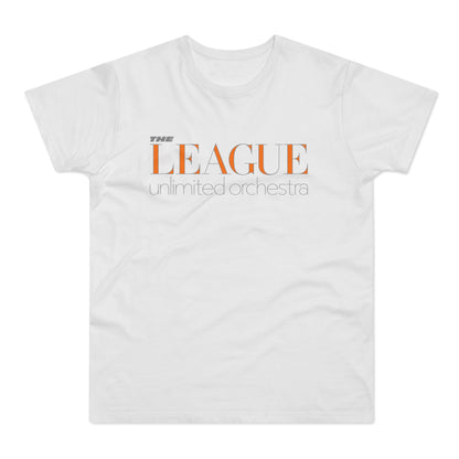 White t-shirt with orange "LEAGUE" and gray "unlimited orchestra" text.