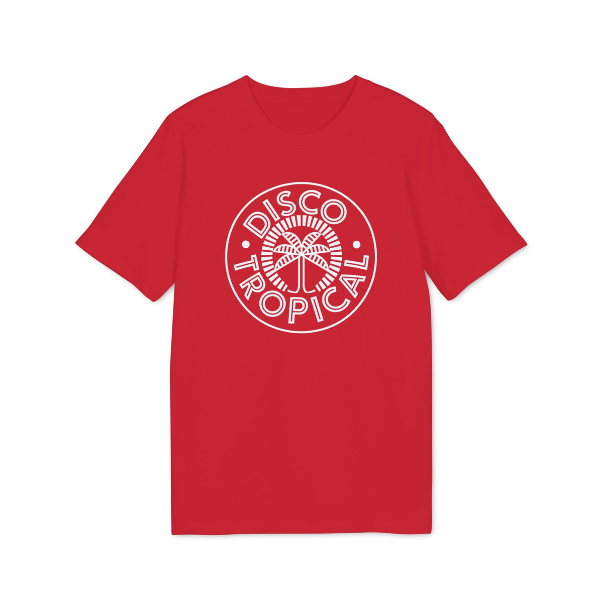 A red short-sleeved t-shirt featuring a white circular logo with palm trees and the text Disco Tropical.
