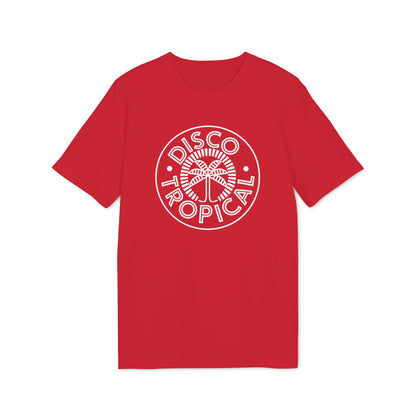 A red short-sleeved t-shirt featuring a white circular logo with palm trees and the text Disco Tropical.