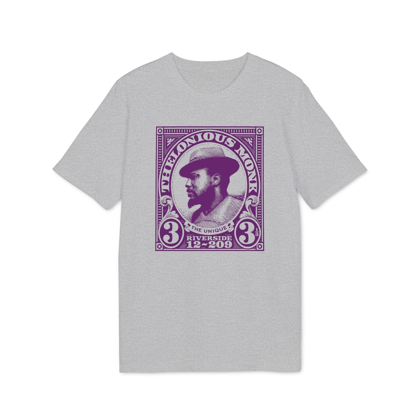 Thelonious Monk portrait stamp design on a grey t-shirt.