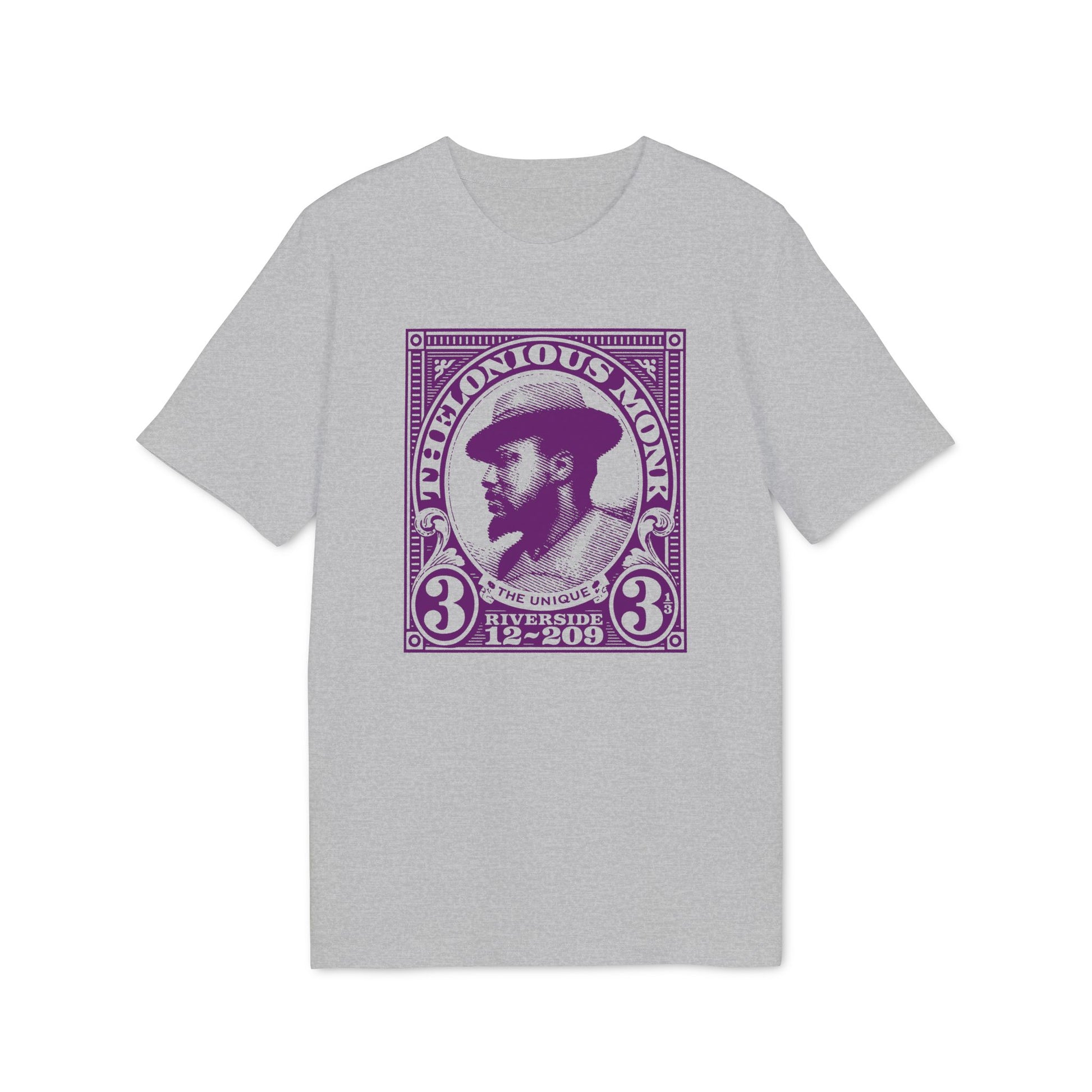 Thelonious Monk portrait stamp design on a grey t-shirt.