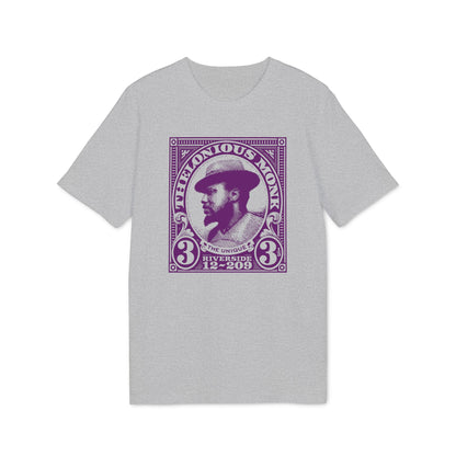 Thelonious Monk portrait stamp design on a grey t-shirt.