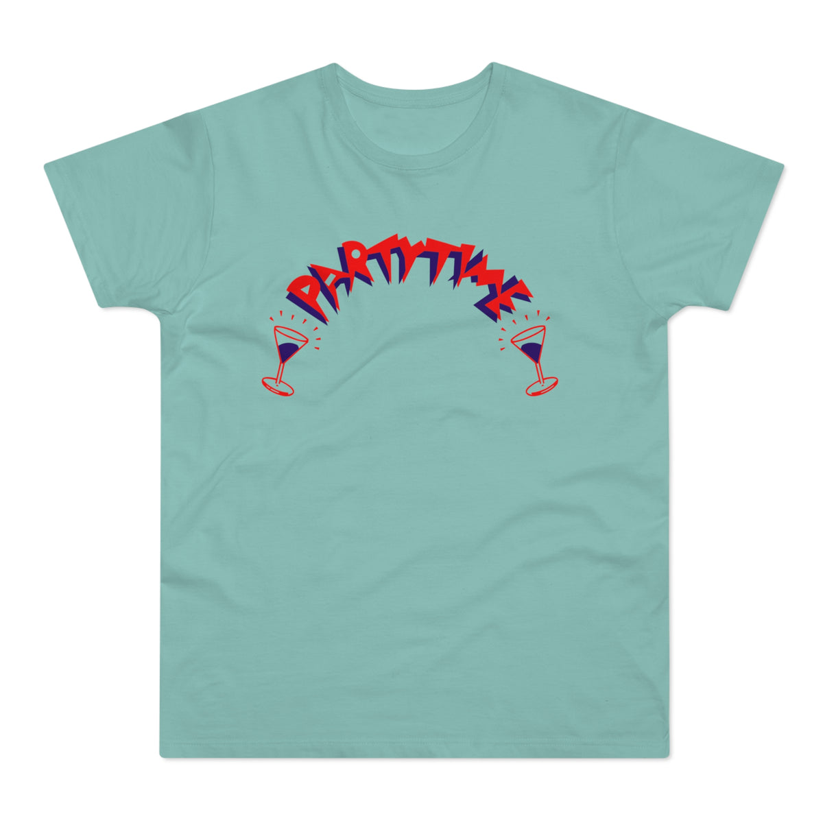 T-shirt with "PARTYTIME" text graphic and two martini glasses.