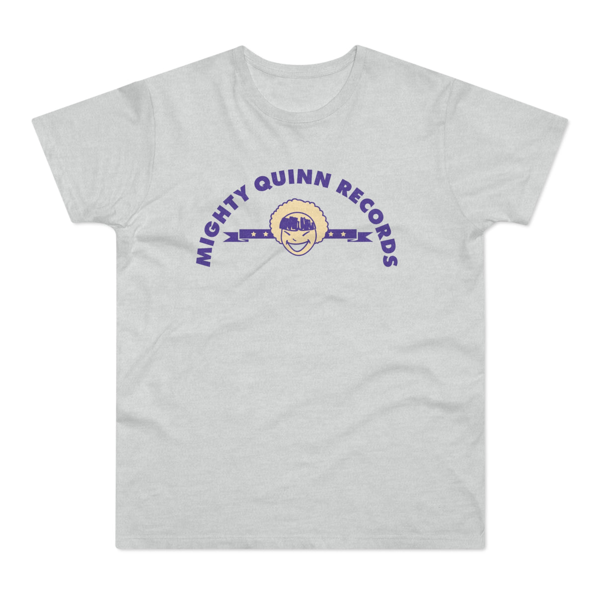 Light gray t-shirt with purple text "MIGHTY QUINN RECORDS" and a sun emoji.