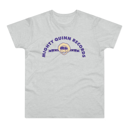 Light gray t-shirt with purple text "MIGHTY QUINN RECORDS" and a sun emoji.