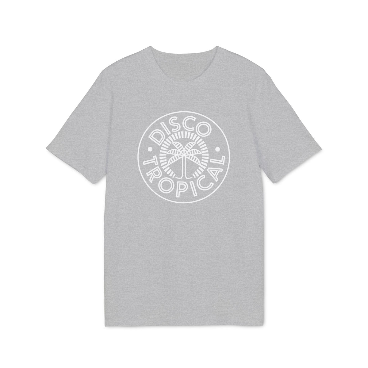Heather gray short-sleeve t-shirt with a white circular graphic on the chest containing a palm tree and the text Disco Tropical.
