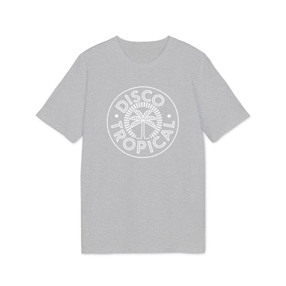 Heather gray short-sleeve t-shirt with a white circular graphic on the chest containing a palm tree and the text Disco Tropical.