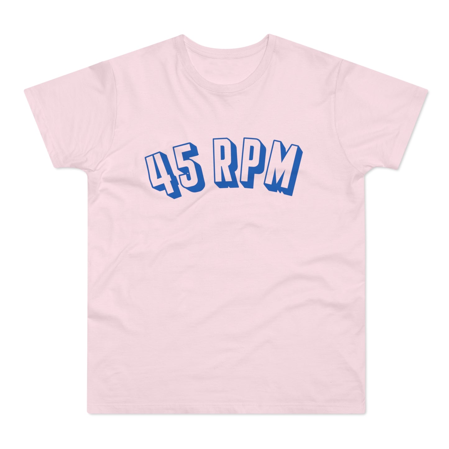 Light pink t-shirt with blue "45 RPM" graphic text.