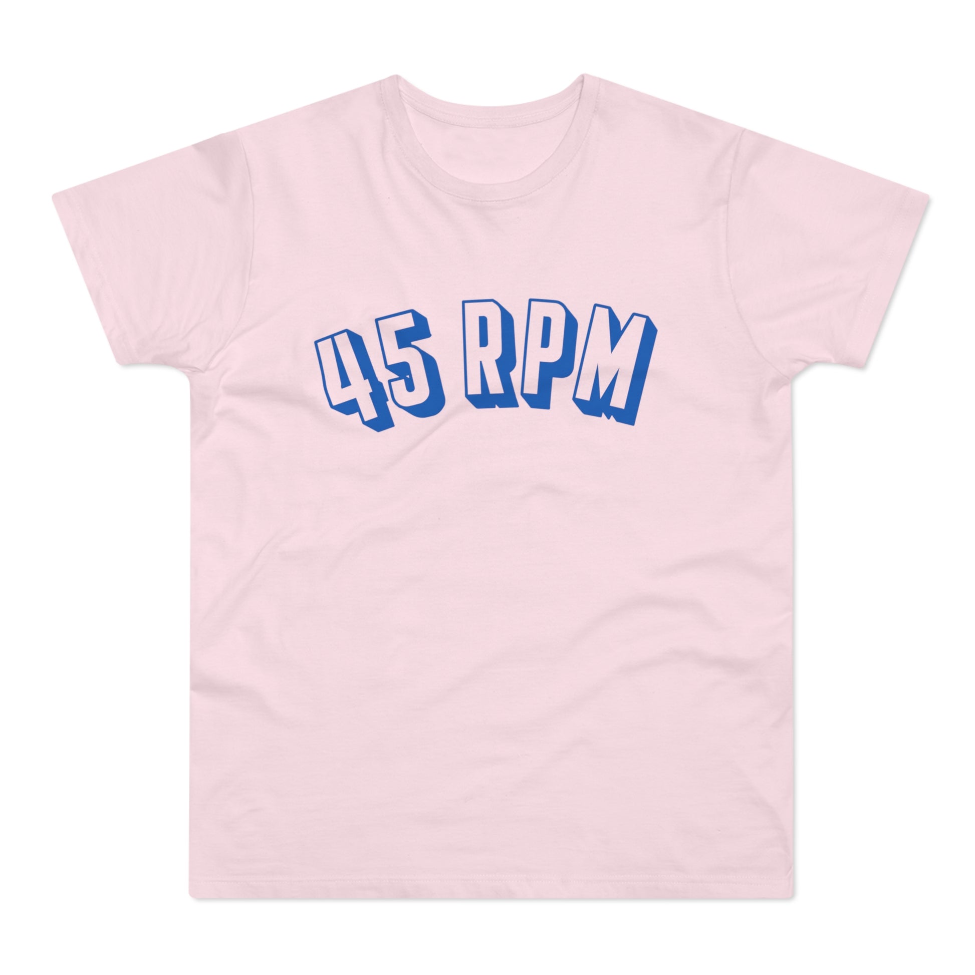 Light pink t-shirt with blue "45 RPM" graphic text.