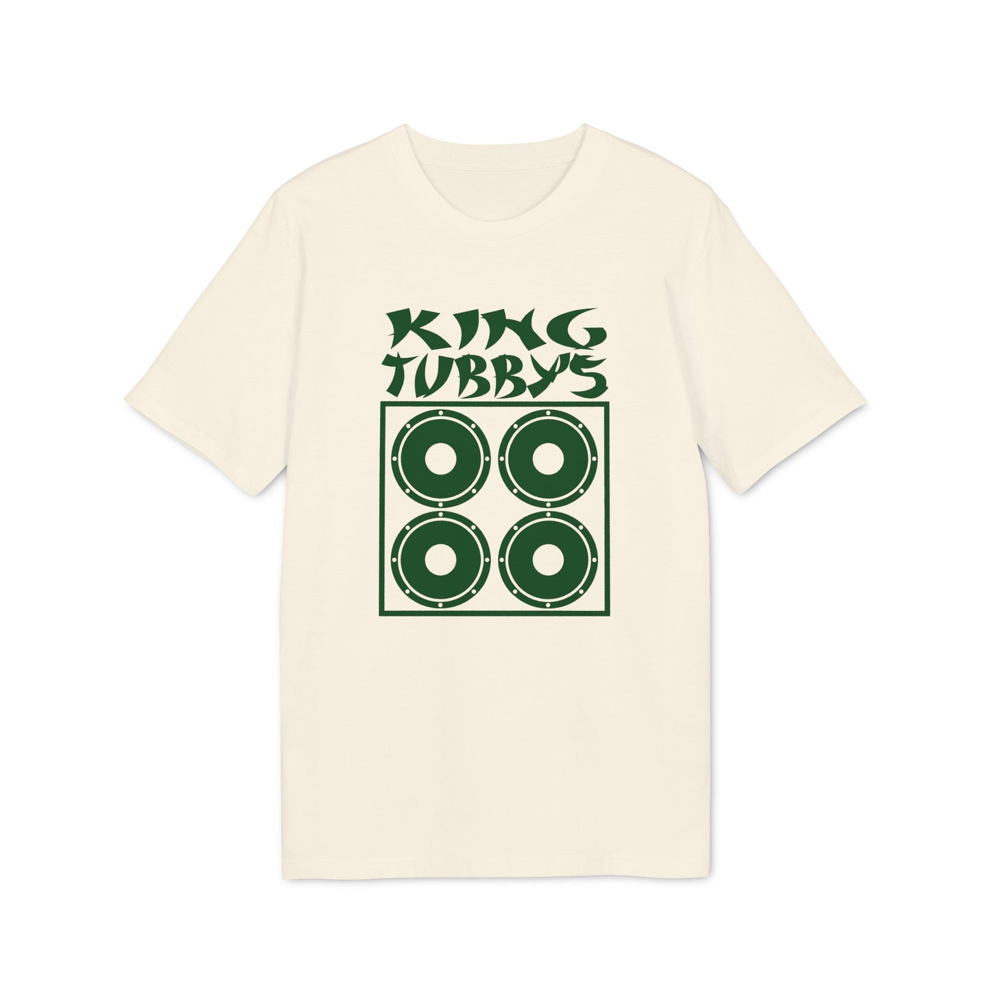 Cream t-shirt with "King Tubby's" text and four green speaker icons.