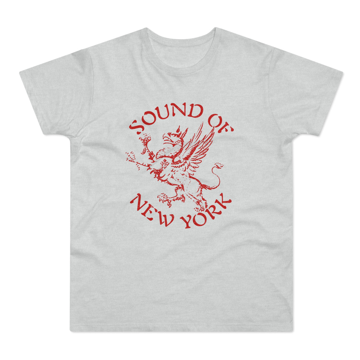 Light grey t-shirt with red graphic of a griffin and text "SOUND OF NEW YORK".