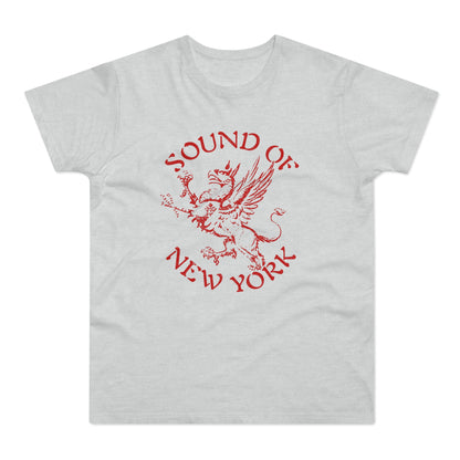 Light grey t-shirt with red graphic of a griffin and text "SOUND OF NEW YORK".