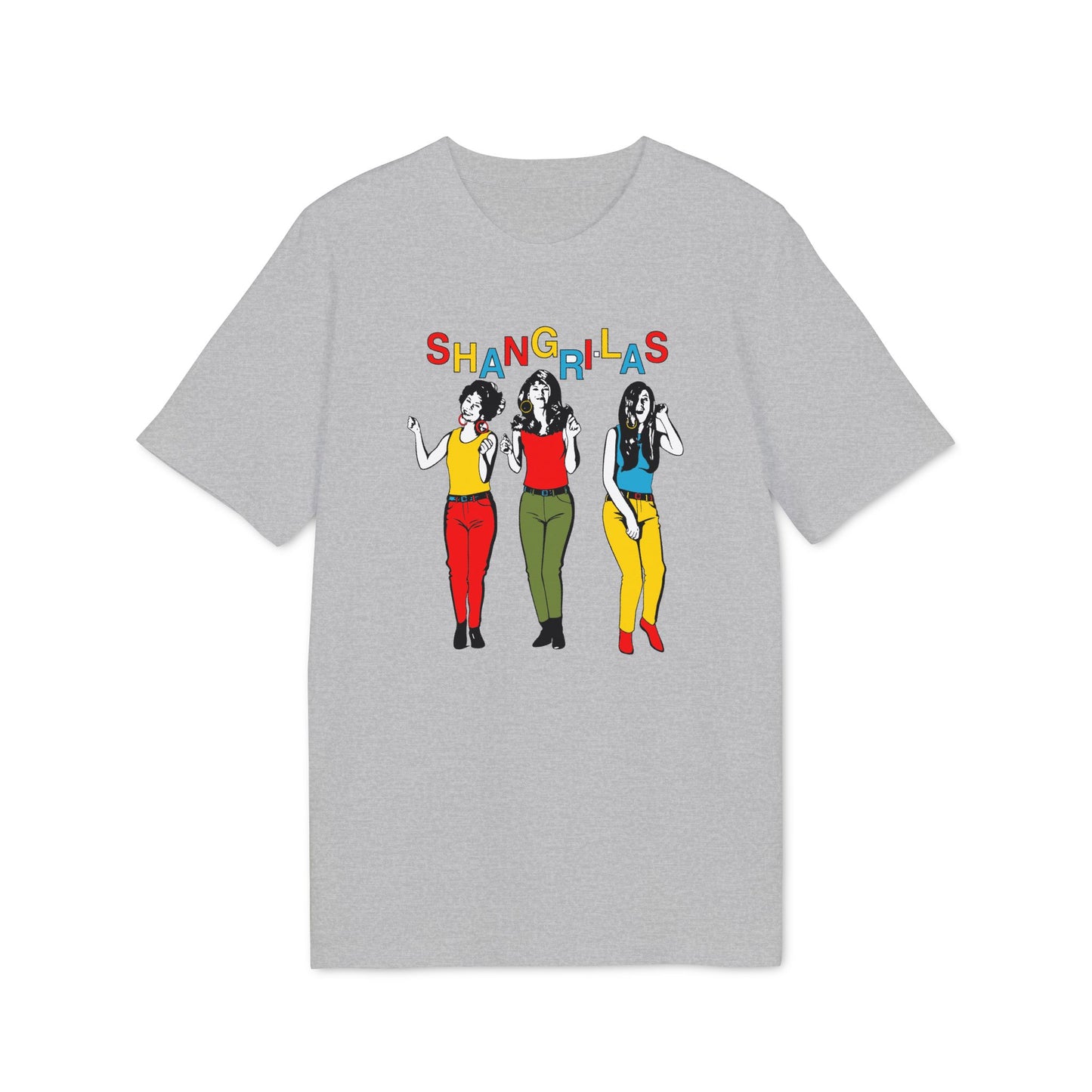 Grey t-shirt with colorful "SHANGRI-LAS" text and graphic of three women.