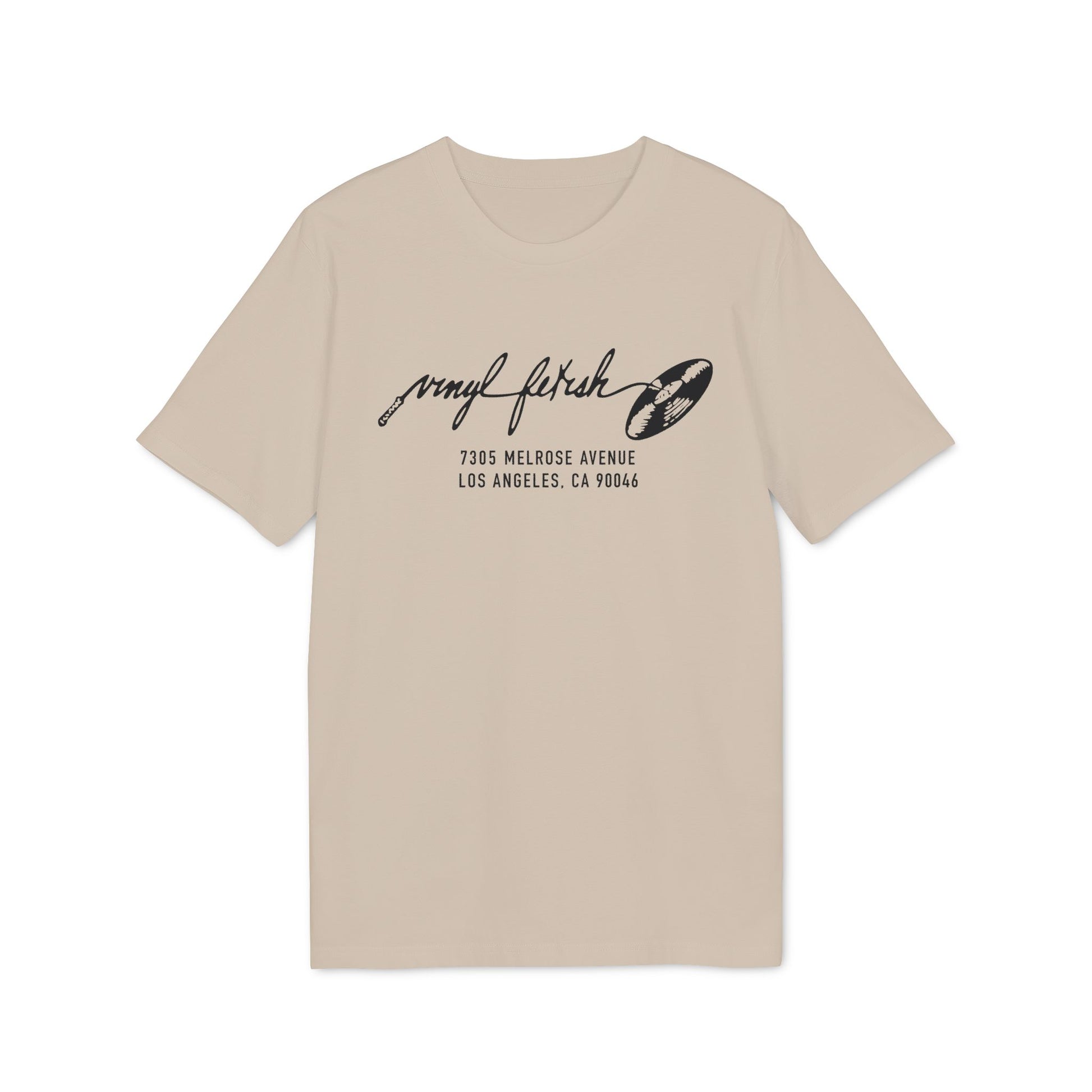 Tan t-shirt with "vinyl fetish" logo and address 7305 MELROSE AVENUE LOS ANGELES, CA 90046.