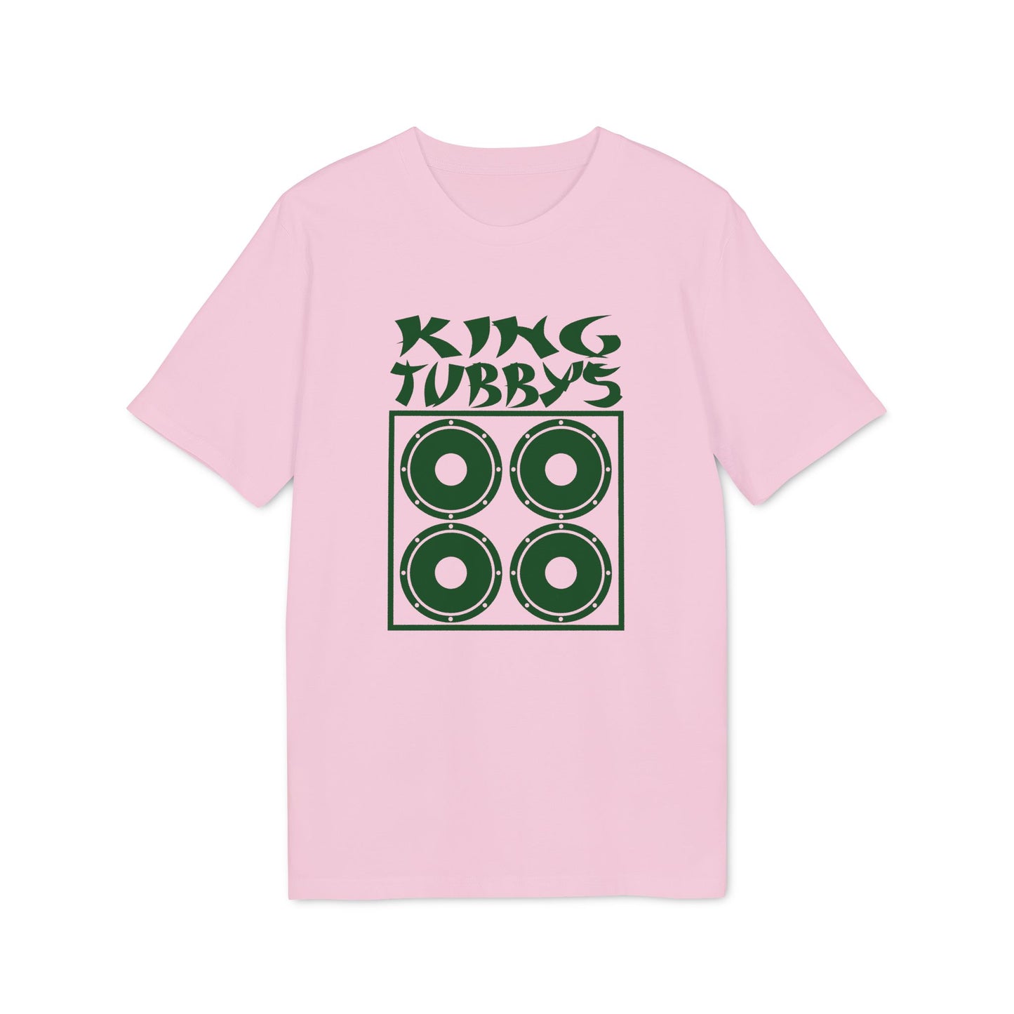 Pink t-shirt with green "King Tubbys" text over speaker graphic.