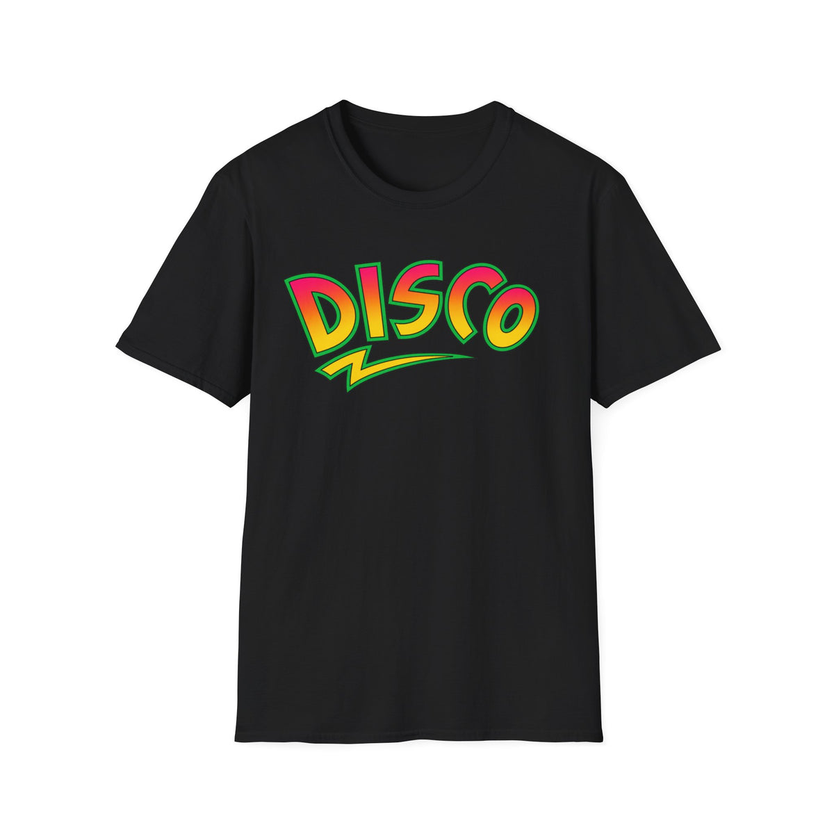 Black t-shirt with "DISCO" text in yellow, orange, and pink gradient.