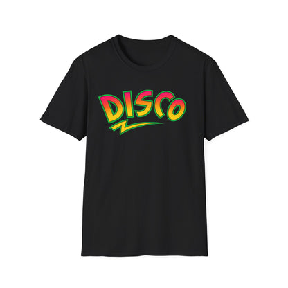 Black t-shirt with "DISCO" text in yellow, orange, and pink gradient.