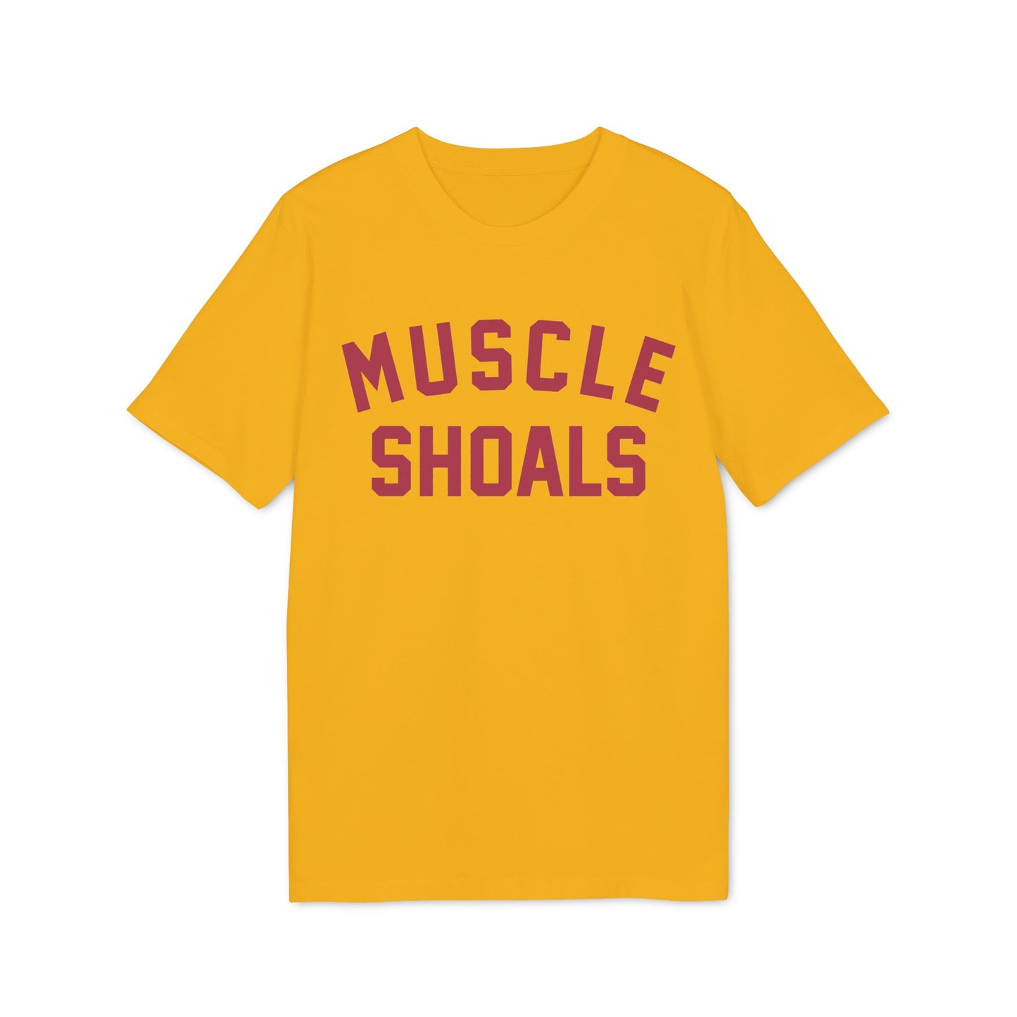 Yellow t-shirt with burgundy text "MUSCLE SHOALS"