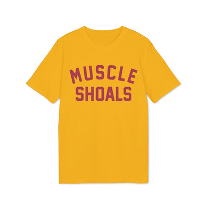 Yellow t-shirt with burgundy text "MUSCLE SHOALS"