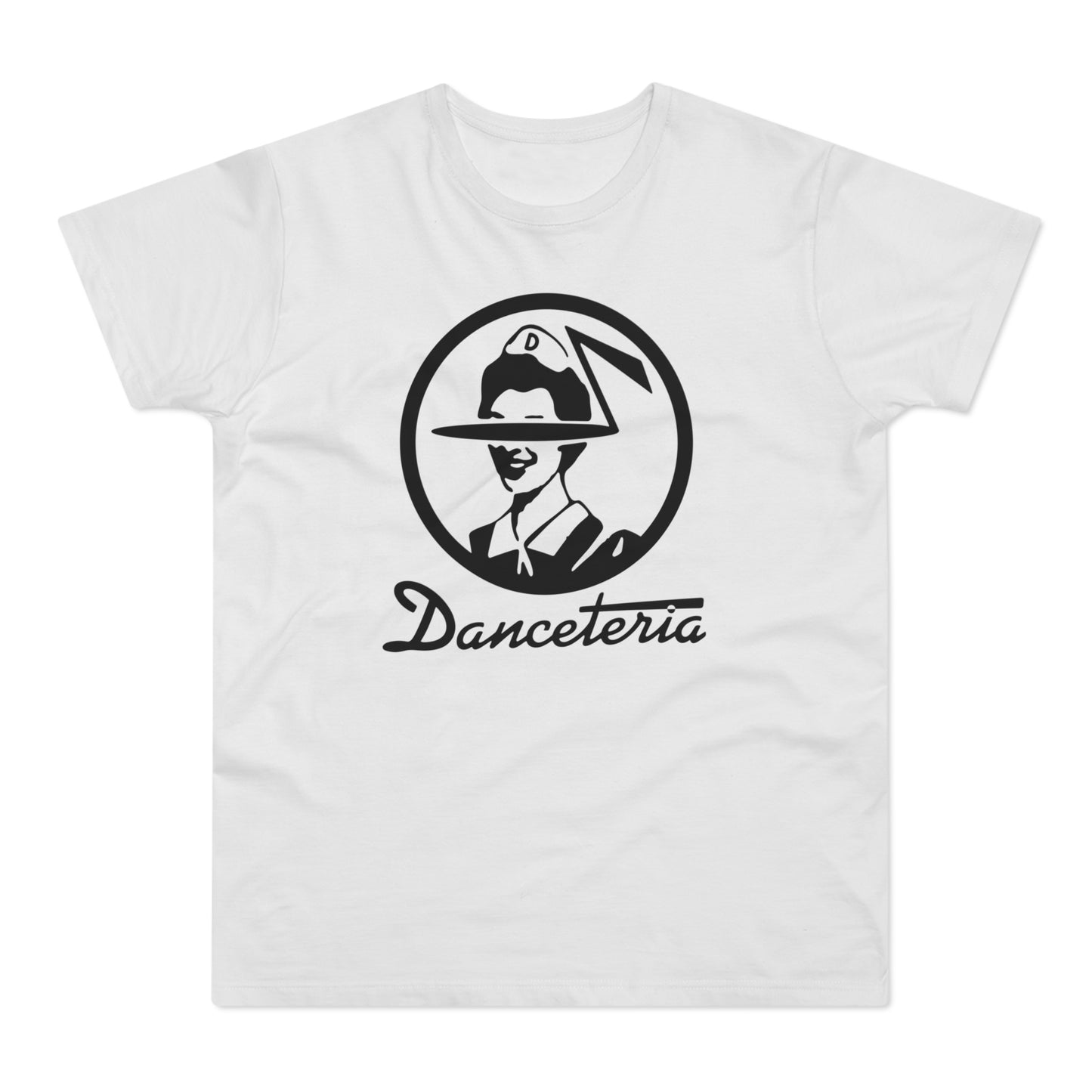 White t-shirt with black "DANCETERIA" logo featuring a stylized portrait in a circle.